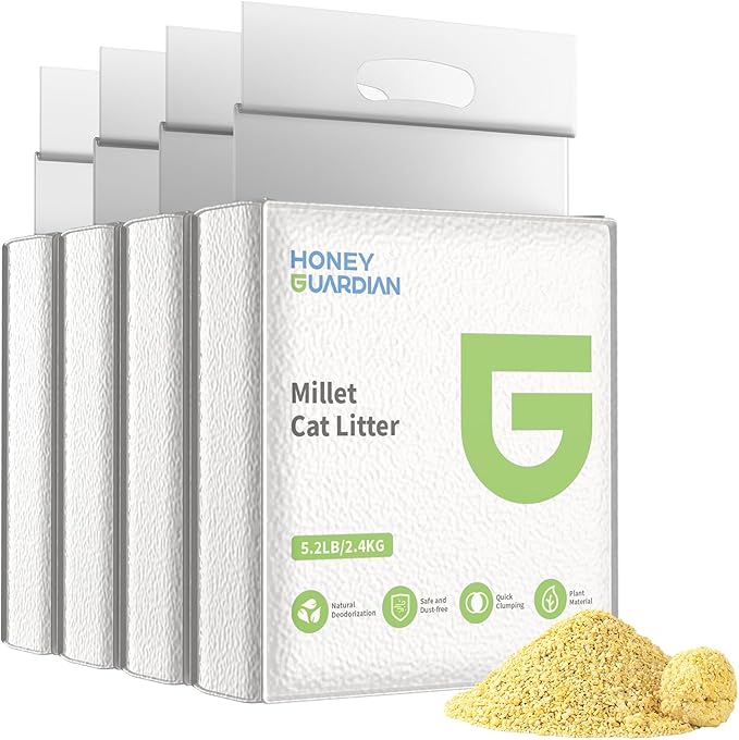HoneyGuardian Millet Cat Litter Fast Clumping, 100% Natural Ingredients Litter, Flushable, Really Dust Free, Lightweight,Ultra Absorbent, Solubility in Water(5.2lb×4bag)