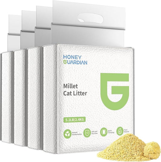 HoneyGuardian Millet Cat Litter Fast Clumping, 100% Natural Ingredients Litter, Flushable, Really Dust Free, Lightweight,Ultra Absorbent, Solubility in Water(5.2lb×4bag)