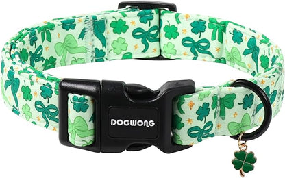 DOGWONG St Patrick's Day Dog Collar-Cute Green Clovers Dog Collar, Adjustable Cotton Shamrock Pet Collar Trefoil Puppy Collars with Quick Release Buckle,XL