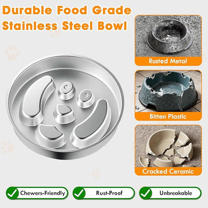 Stainless Steel Slow Feed Dog Bowl, 2 Pack Metal Slow Feeder Dog Bowls & Lick Bowl Plate, 2 Cups Double-Sided Non-Slip Small Medium Fast Eaters Puppy Puzzle Maze Slow Eating Dish for Dry Wet Raw Food