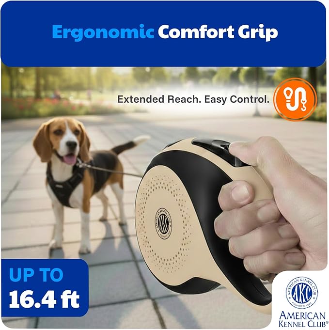 American Kennel Club Heavy Duty Retractable Dog Leash, 16.4ft, Tangle-Free, Ergonomic Grip, One-Hand Brake, for Medium & Large Dogs up to 110 lbs Tan