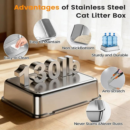 Stainless Steel Litter Box with Lid, Side Entry Large Enclosed Cat Litterbox for Kitty & Multi-Cat, Flip Cover Easy to Clean, High Sided Metal Cat Litter Pan with Scoop, Mat, Anti-Leakage, Non-Sticky
