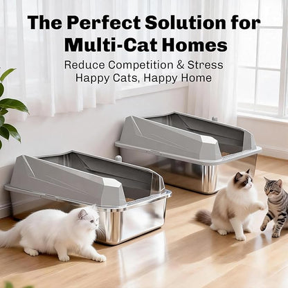 KYKY Tescat 2 Pack Stainless Steel Litter Box with Lid, XL Metal Litter Box with High Sides, Extra Large Litter Boxes for Big Cats and Multiple Cats, Leak-Proof, Rust-Proof, Non-Sticky and Easy Clean