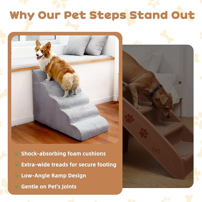 Makigued Dog Stairs for Small Dogs and Cats, 23" H 5 Steps Pet Steps Ramp for High Bed, Couch, Sofa, Waterproof Pet Stairs with Removable Washable Cover, Non-Slip Bottom, Light Gray
