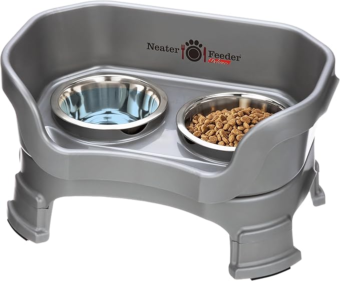 Neater Feeder Deluxe Mess-Proof Elevated Cat Bowls, 2 Height Adjustable (6” & 7.5”) No-Spill Raised Cat Bowl Stand, Whisker Friendly Stainless Steel Dishes for Indoor Cats, Made in USA, Grey