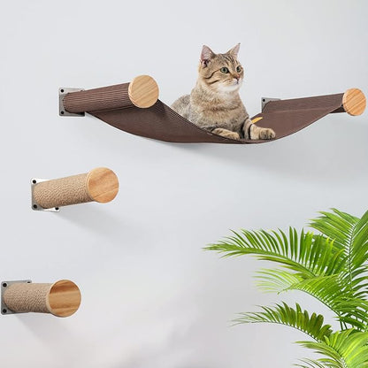 Wall-Mounted Cat Hammock & Shelves Set with 2 Steps - Premium Cat-Wall Furniture for Indoor Cats, Climbing, Lounging - Durable Multi-Level Perch for Large Cats (Brown)