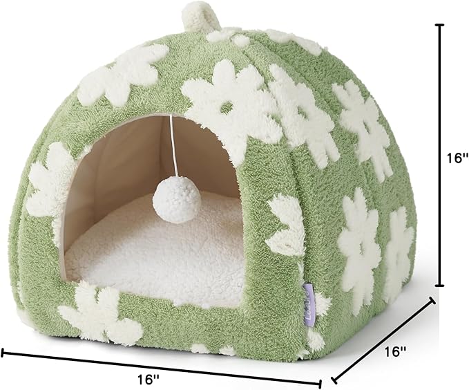 Lesure Cute Cat Beds for Indoor Cats - 2 in 1 Cat Cave Bed for Kittens and Small Pets with Removable Washable Cushioned Pillow, Cozy Ktten Tent with Non-Slip Bottom, Green, 16 inches