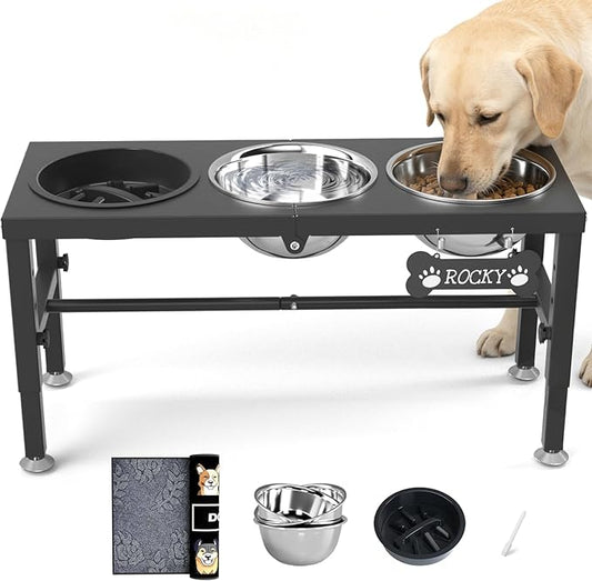 3-in-1 Slow Feeder Dog Bowl Stand, Elevated Raised Feeder with 1 Slow Feed & 3 Stainless Steel Bowls, Iron Stand, Custom Name Plate & Mat - Easy Clean for Fast Eaters, Multiple Dogs