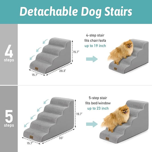 Dog Stairs for Small Dogs 15.7" H, 4-Step Sturdy Foam Dog Steps for Couch and Bed, Curved Pet Stairs for Puppy and Older Cat, Doggie Ladder with Washable Cover, 15.7x28.3x15.7 inch, Gray