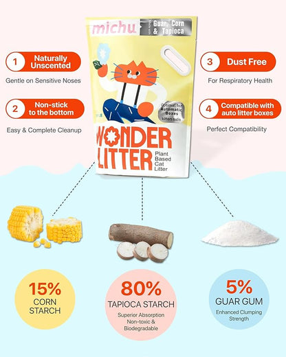 Michu Wonder Cat Litter, Cassava Plant-Based Cat Litter, Automatic Litter Box Friendly, Flushable & Fast Clumping, Low Dust Odor Control, 5.5lb/88oz - Unscented 4 Pack
