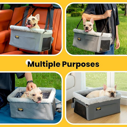 Conlun Dog Car Seat Booster for Small Pet Under 20lbs, Portable Travel Puppy Car Seat with Internal Steel Frame, Comfort Cushion & Storage Pockets, Adjustable Straps Fit Most Cars, Grey