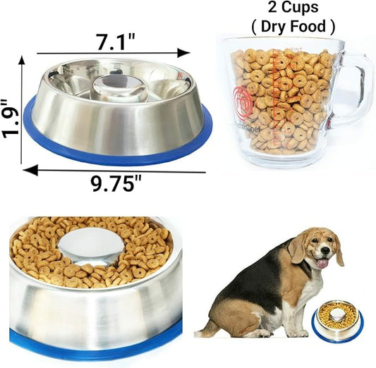 Mr. Peanut's Stainless Steel Interactive Slow Feed Dog Bowl with a Blue Silicone Base, Fun Healthy Bloat Stop Feeder (Medium)