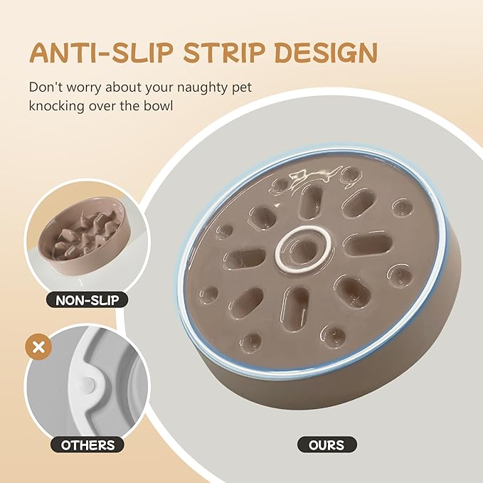 Ceramic 0.9 Cup Raised Slow Feeder Dog Bowl Set, Elevated 6.1inch Slow Dish and 6.1inch Water Bowl with Wooden Stand for Small Dogs (2 x Brown Coffee+ Stand)