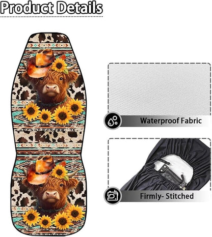 Car Seat Covers Waterproof Universal Aztec Highland Cow Print Front Car Seats Easy Installation Washable Cover Automotive Interior Accessories for Cars Truck SUV Van