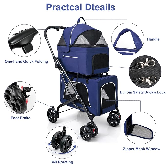 Petmolico Double Pet Stroller for 2 Cats/Dogs Strollers,2 Detachable Cat Carrier,No-Zip Double Pet Travel Storller for Small/Medium Dogs(Blue&Black)