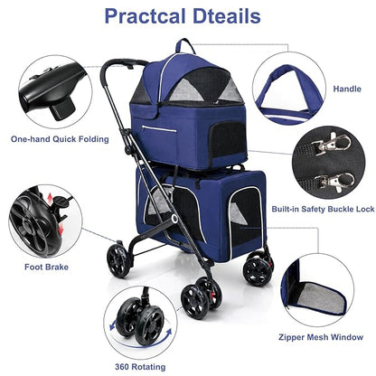Petmolico Double Pet Stroller for 2 Cats/Dogs Strollers,2 Detachable Cat Carrier,No-Zip Double Pet Travel Storller for Small/Medium Dogs(Blue&Black)