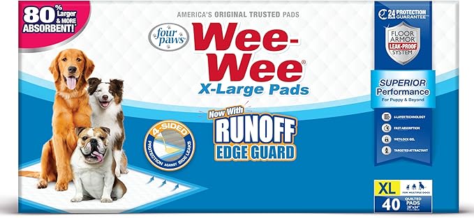 Four Paws Wee-Wee Superior Performance Pee Pads for Dogs with Runoff Barrier Edge Guard Protection, Puppy & Dog Potty Training Pads, Housebreaking Supplies, 28" x 34" (6 Count)