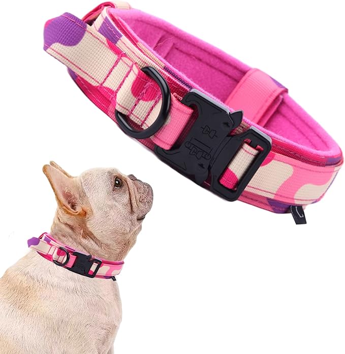 Xqpetlihai Tactical Dog Collar Adjustable Military Nylon Dog Collar with Control Handle and Heavy Duty Metal Buckle for Medium and Large Dogs (Pink Camo,S)