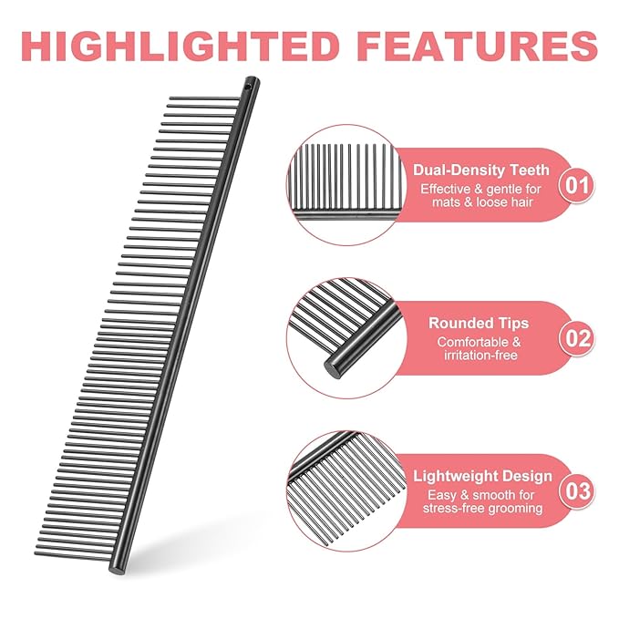 Dog Cat Comb, Pet Combs Stainless Steel Teeth with Rounded Ends for Knots Mats Loose Hair Removal, 7.5IN (Black Plated, 3 Pack), Grooming Tool Intended for Long Curly Hair Pet