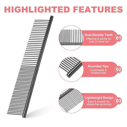 Dog Cat Comb, Pet Combs Stainless Steel Teeth with Rounded Ends for Knots Mats Loose Hair Removal, 7.5IN (Black Plated, 3 Pack), Grooming Tool Intended for Long Curly Hair Pet