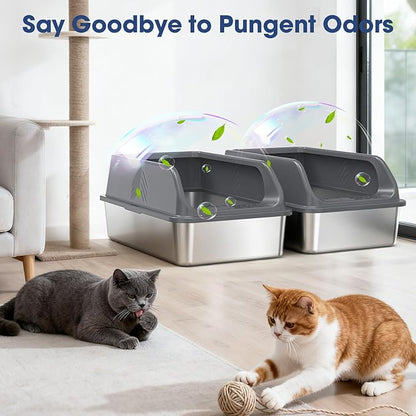 2 Pack Stainless Steel Litter Box with Lid, XL Metal Cat Litter Boxes High Sided Enclosed for Big Cat and Multiple Cats, Anti-Urine Leakage | Non-Stick Bottom & Includes Scoop