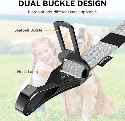 Pawaboo 2Pack Dog Seatbelt for Car, 3-in-1 Dog Car Seat Belt, Shockproof Dogs Tether with Buckle & Hook Latch, Adjustable Reflective Dogs Cars Harness Leash with 360° Lockable Buckle, Gray & Black