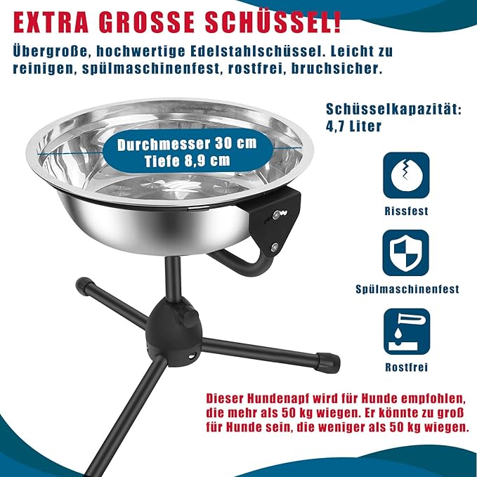 Elevated Dog Bowl with Adjustable Metal Stand,Extra Large Size for Dogs Heavier Than 100 lbs,1.24 Gal 4.7 Liter, Stainless Steel Dog Food Bowl Height Adjustable Non-Slip Raised Dog Bowl Set