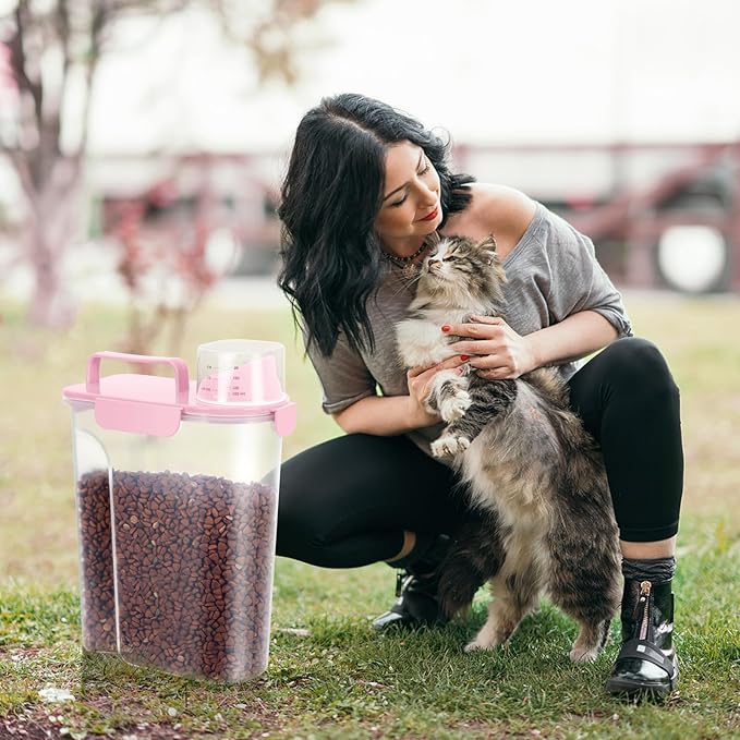 5-7Lbs Dog Cat Food Storage Container with Upgraded Large Nozzle BPA-free, 4 Snap Seals Plastic Pet Food Storage Containers with Handles (Light Pink, 5L-2pack)