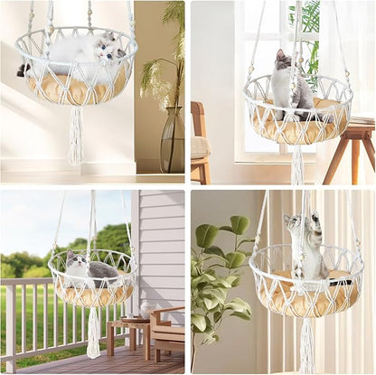 Macrame Cat Hammock Bed,Handwoven Hanging Boho Cat Bed with Hanging Kit for Indoor Outdoor Home Decor Ceiling Catio Swing for Playing Sleeping Climbing and Lounging(15.74x15.74x47.24IN)(L)