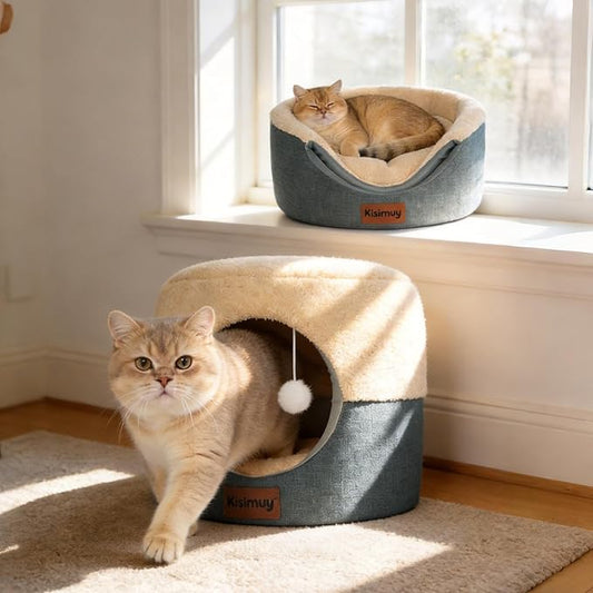 Cat Cave Bed, 2-in-1 Cat House & Lounge with Reversible Plush Cushion, Calming Anti-Anxiety Round Design for Indoor Cats, Kittens, Small Dogs & Puppies, Foldable Round Hideaway, 17.5 Inches