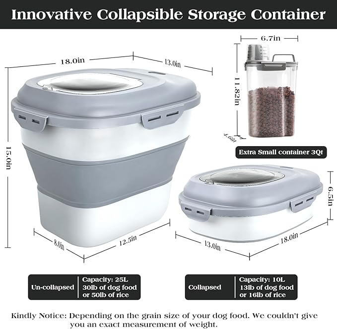 Dog Food Storage Container, Airtight Collapsible 13lb to 30lb Pet Food Container with Flip Top, Rolling Wheel, Scoop and 3L small container for Dog Cat Food and Dry Food of Rice, Flour