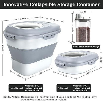 Dog Food Storage Container, Airtight Collapsible 13lb to 30lb Pet Food Container with Flip Top, Rolling Wheel, Scoop and 3L small container for Dog Cat Food and Dry Food of Rice, Flour