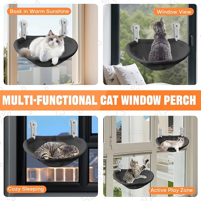 Homegroove Cat Window Perch, 18 x 12 Inch Foldable Cat Hammock for Window with Sturdy Metal Frame, Breathable Cordless Window Bed for Resting Seat for Indoor Cats (Black, 18 x 12 Inch)