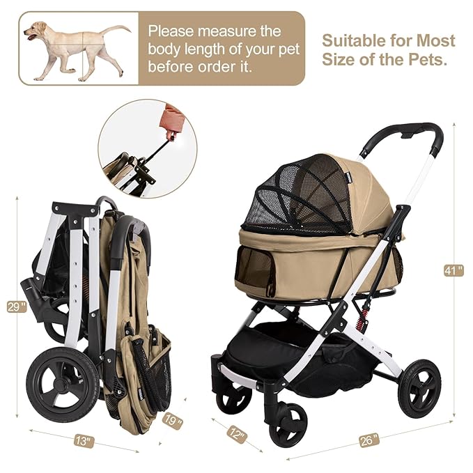 Pet Stroller for Medium Small Dog & Cat, Foldable Lightweight Dog Stroller with Storage Basket Pet Travel Carriage with Safety Leashes, 4 Wheel, Khaki