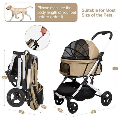 Pet Stroller for Medium Small Dog & Cat, Foldable Lightweight Dog Stroller with Storage Basket Pet Travel Carriage with Safety Leashes, 4 Wheel, Khaki