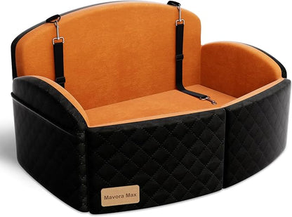 Dog Car Seat for Medium/Large Dogs, Memory Foam Dog Booster Seat with Thick Cushion up to 55 lbs or 2 Small Dogs, Travel Pet Car Seat with Detachable Washable Cover, 2 Safety Leashes (Black/Brown)
