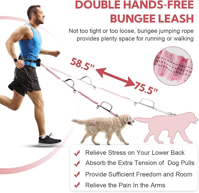 Hands Free Dog Leash, Adjustable Waist Belt with Double Padded Handles No Pull,Pink