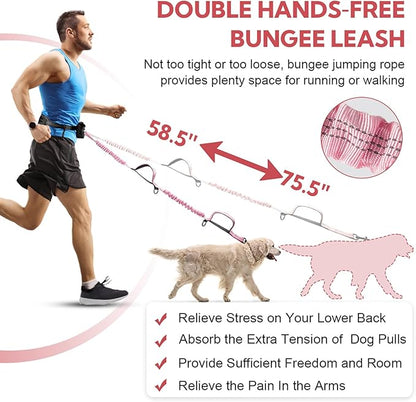 Hands Free Dog Leash, Adjustable Waist Belt with Double Padded Handles No Pull,Pink
