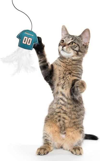 NFL Miami Dolphins Team Jersey Wand with CAT NIP, Cat Toy Jersey Shaped Plush Teaser Toy for Cats & Kittens - Interactive Pet Toy for Play & Exercise