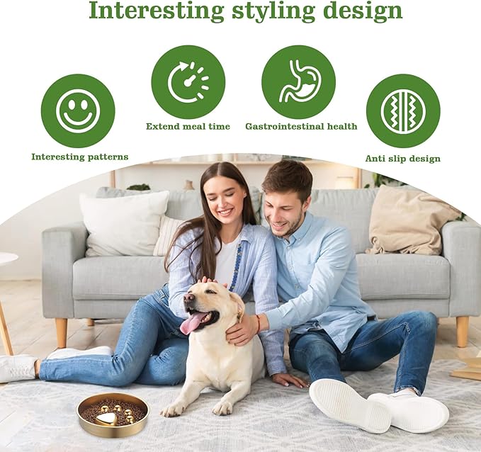 Golden Stainless Steel Slow Feeder Dog Bowls – Non-Slip Metal Dog Bowl for Large & Medium Breeds, Puppy Puzzle Feeder – 2 Cup Capacity for Small to Big Pets – Durable Slow Feed (Paw-Golden)