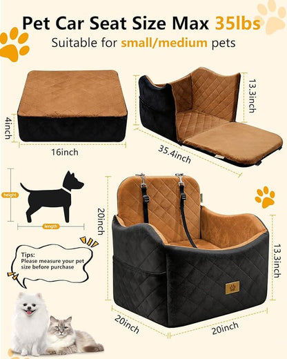 Dog Car Seat for Small/Medium Dogs Up to 35lbs, 2-in-1 Pet Car Seat with Memory Foam, Detachable Washable Dog Bed for Cars, Pet Booster Carseat with Storage Pockets Fits Front/Back Seats (Black/Brown)