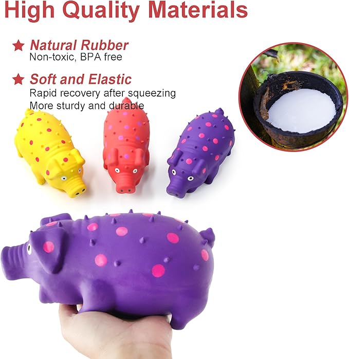Squeaky Pig Dog Toys, Interactive Durable Latex Rubber that Oink Pig Chew Toy for Small Medium Large Dogs 3 Pack