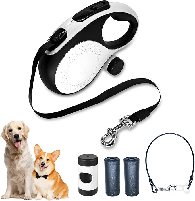 Retractable Dog Leash with Chew Proof Cable, 26ft Heavy Duty Dog Leash for Medium Large Dogs up to 110lbs, Strong Nylon Strap that Won't Tangle,360° No Tangle, one-Hand Brake.(White, 26Ft)