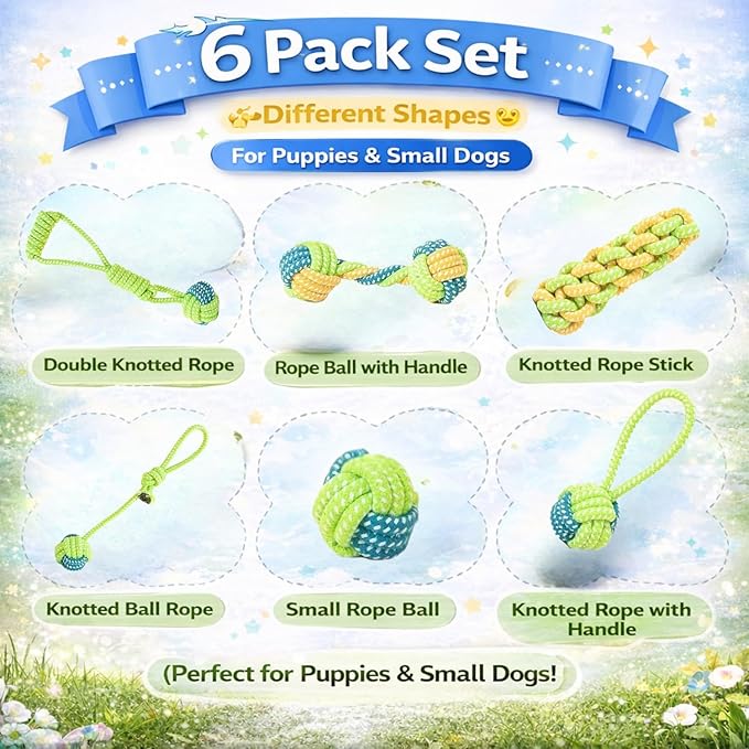 6 Pack Rope Toys for Dogs, Dental Cleaning, Teething Relief for Puppies, Boredom Reduction,Cotton Dog Teething Toys for Instinctual Play (Basket not Included)
