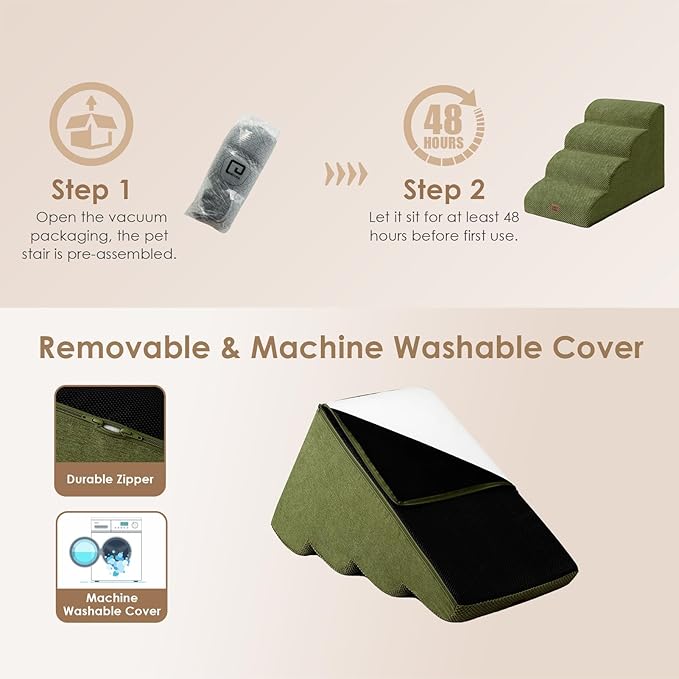 EHEYCIGA Curved Dog Stairs Ramp for High Beds 19.7" H, 4-Step Dog Steps for Small Dogs and Cats, Pet Stairs for High Bed Climbing, Non-Slip Balanced Pet Step Indoor, Olive Green