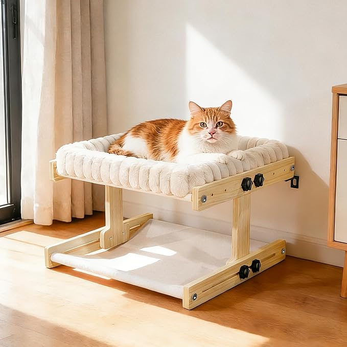 Cat Perch for Window XiaZ Cats Hammock Indoor Cat Bed for Window Adjustable Wooden Frame W/Soft Warm Plush-Lined Cushion Perfect for Bird Watching Sunbathing Space-Saving Easy Install Double Layer