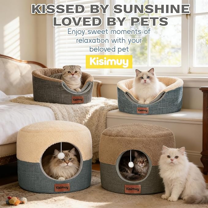 Cat Cave Bed, 2-in-1 Cat House & Lounge with Reversible Plush Cushion, Calming Anti-Anxiety Round Design for Indoor Cats, Kittens, Small Dogs & Puppies, Foldable Round Hideaway, 17.5 Inches
