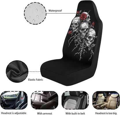 Skull Rose Car Seat Covers 2 Pcs Car Seat Covers Front Seats Only Waterproof Breathable Easy to Install Anti-Slip Back Fabric Universal Fit for Auto Truck Van SUV
