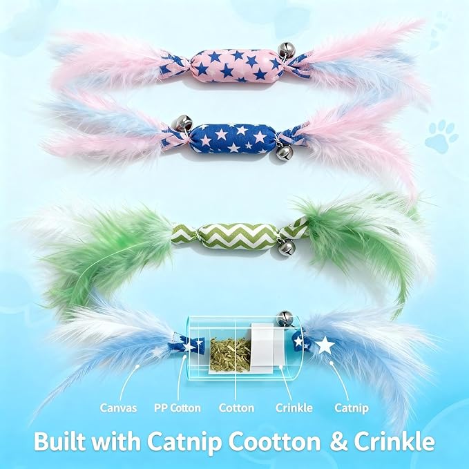 Catnip Toy Candy Shape with Bright Colors Feathers & Bell, Kicker Chew Toy for Indoor Cats, Enrichment Toys for Bored Kittens & Adult Cats, 3-Pack Crinkle Plush Toys for Teething and Play