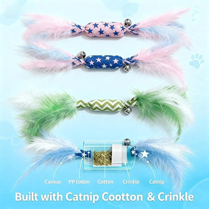 Catnip Toy Candy Shape with Bright Colors Feathers & Bell, Kicker Chew Toy for Indoor Cats, Enrichment Toys for Bored Kittens & Adult Cats, 3-Pack Crinkle Plush Toys for Teething and Play